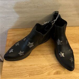 Seven7 Rockstar Faux Leather Block Heel Ankle Boots in black with silver stars.